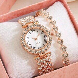 2 pcs Rose Gold Quartz Watch and Bracelet with Rhinestones for Women